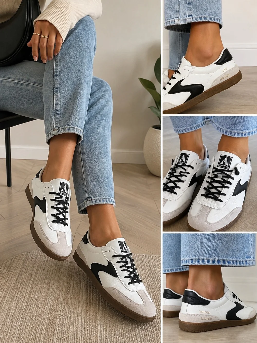 Skechers Court Classics Leather Sneakers Women's US 7.5 White Black Gum Sole Air
